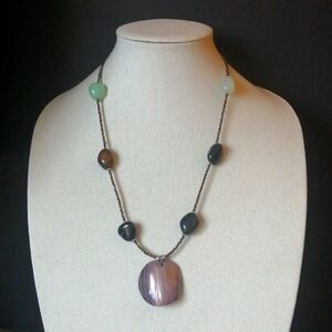 Polished Natural Stone MOP Pendant Seed Beads Handcrafted Necklace